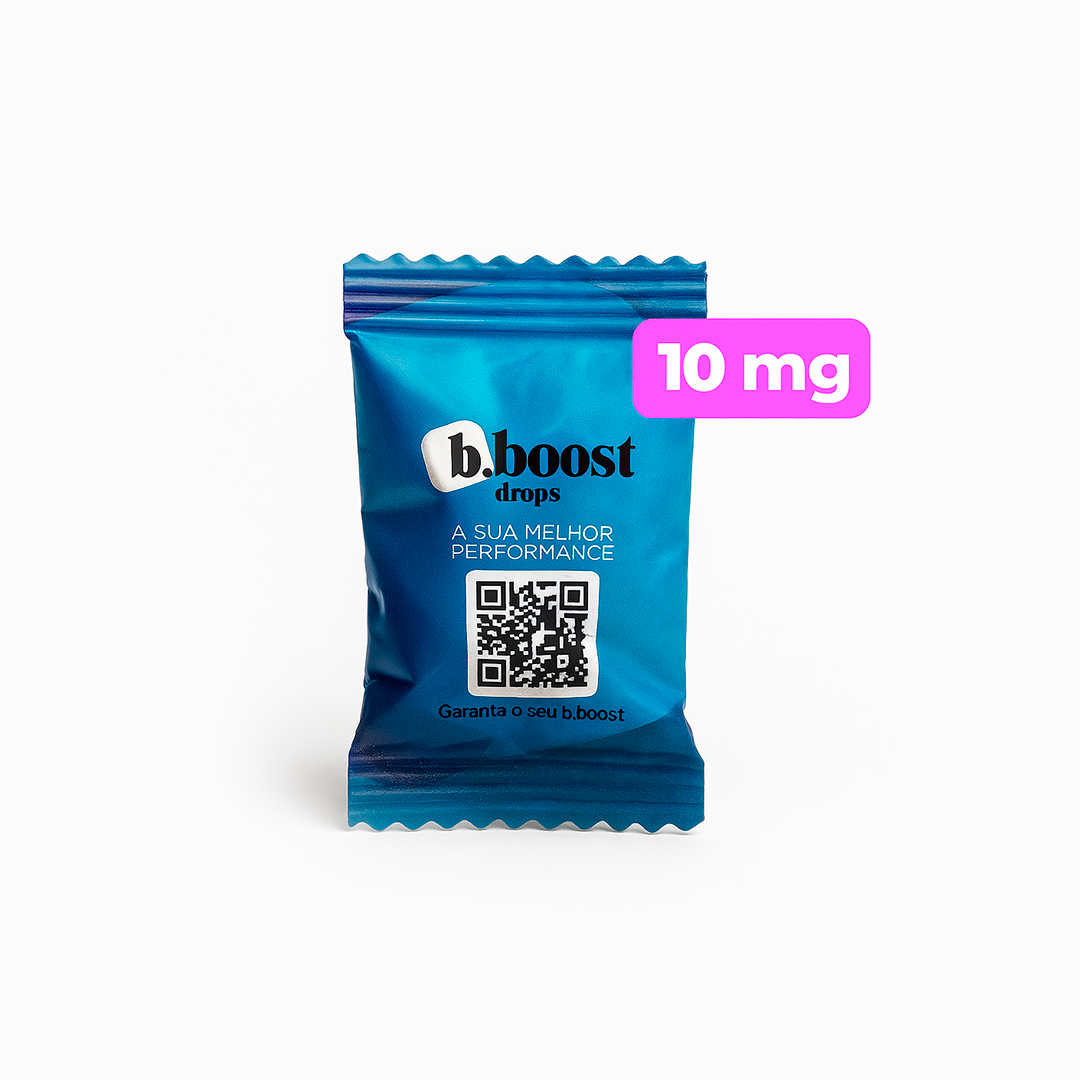 Embalagem azul do b.boost Drops 10mg com selo rosa indicando a dosagem.