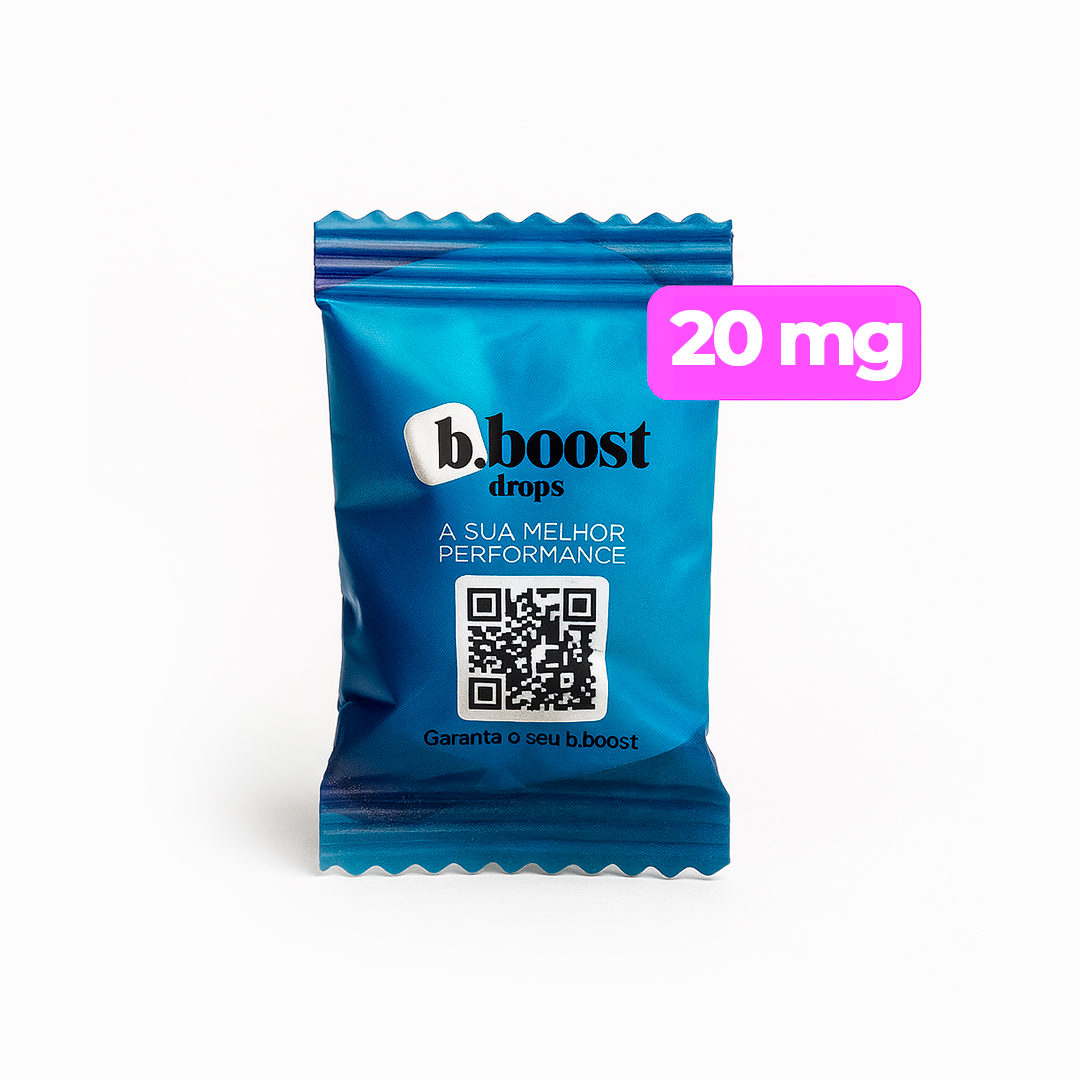 Embalagem azul do b.boost Drops 20mg com selo rosa indicando a dosagem